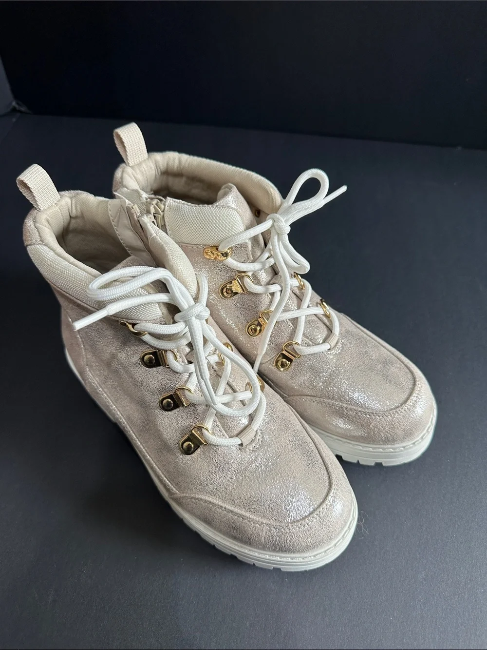 Cream Beige Metallic Hiking-Inspired Boot Sneakers